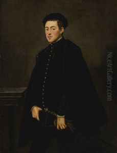 Portrait Of A Young Nobleman, Three Quarter Length, With A Black Velvet Cap, Doublet, And Cape, Resting His Hand On A Sword