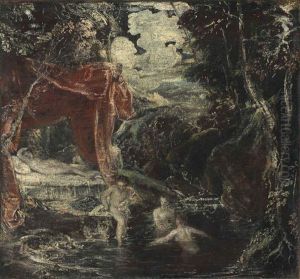 A Wooded Landscape With Diana And Her Nymphs Bathing In A Rocky Pool by Tintoretto
