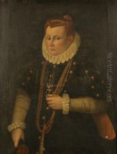 A Portrait Of A Woman Standing Three-quarter Length Holding A Gold Chain And Wearing A Jewelled Pendant From A Button