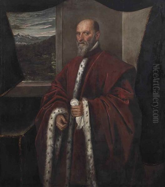 Portrait Of A Venetian Senator, Three-quarter Length, In A Red Ermine-lined Robe Standing By A Window With A Mountainous Landscape Beyond - view 1
