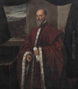 Portrait Of A Venetian Senator, Three-quarter Length, In A Red Ermine-lined Robe Standing By A Window With A Mountainous Landscape Beyond