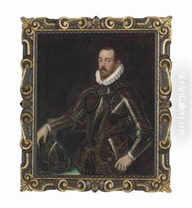 Portrait Of A Gentleman, Three-quarter-length, In A Suit Of Armour Etched With Gold, His Right Hand Resting On His Helmet by Domenico Tintoretto