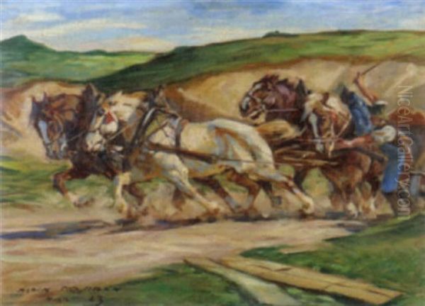 Vierspanniges Pferdefuhrwerk Am Steinbruch - view 1