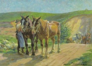 Bauer Mit Pferden Auf Dem Feldweg Bauer Mit Pferden Auf Dem Feldweg