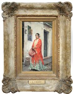 A Spanish Lady In A Red Embroidered Shawl by Fernando Tirado Y Cardona