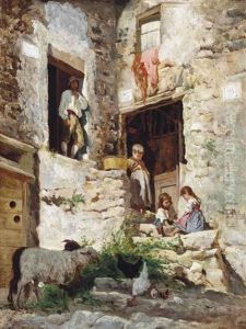 Playing On The Steps Of An Italian Villa by Aurelio Tiratelli