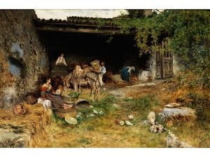 Italienische Weinbauern Bei Der Weinpresse by Aurelio Tiratelli