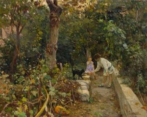 Two Girls With Cat In A Garden Of Pumpkins by Cesare Tiratelli