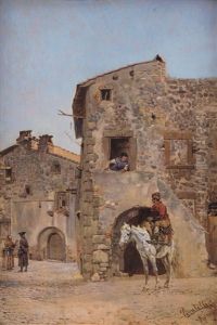 Scorcio Di Paese Con Figure E Cavallo by Cesare Tiratelli