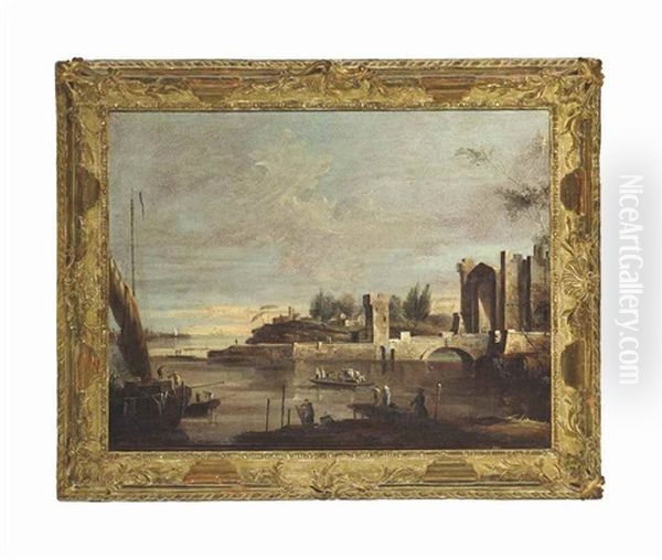 A Coastal Capriccio With Figures On A Ferry, Beneath A Fortified Ruin - view 1