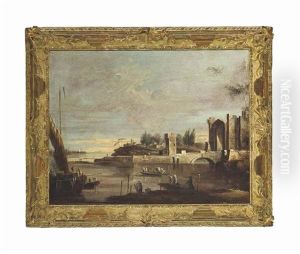 A Coastal Capriccio With Figures On A Ferry, Beneath A Fortified Ruin by Francesco Tironi