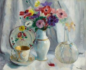 Anemones Dans Un Vase Et Tasse A Cafe by Eugene Tirvert