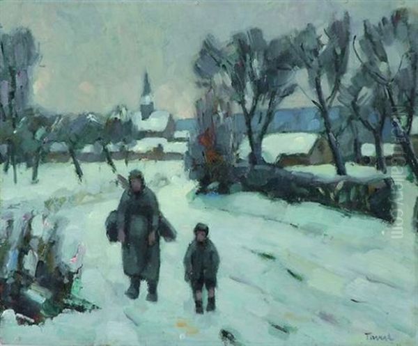 Paysanne Et Enfant Sur La Route Enneigee - view 1