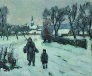 Paysanne Et Enfant Sur La Route Enneigee