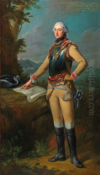 Portrait Of Louis Gaucher, Duc De Chatillon (1737-1762), As Colonel Of The Regiment Of Cuirassiers 'cavalerie Du Roi", His Right Hand Pointing At A Map Of The Battle Of Kassel, With Weisenstein Palace And The Hercules Monument In The Background - view 1