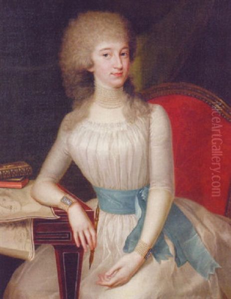 Portrait Of A Lady In A White Dress With A Blue Sash, Holding A Pencil, Her Right Arm Resting On A Table - view 1