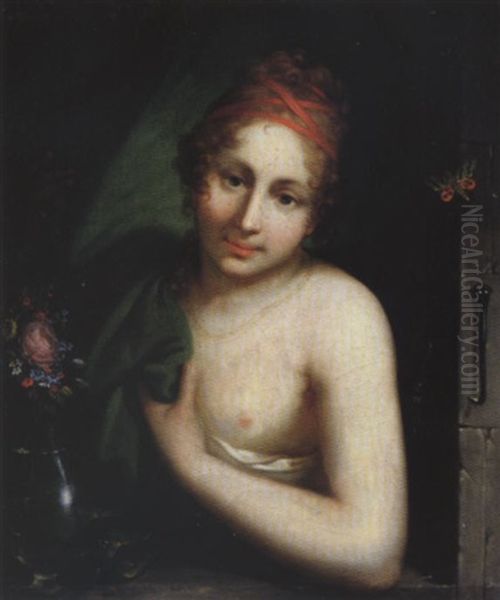 Bildnis Einer Jungen Dame Mit Entblosster Brust Und Blumenstrauss Am Fenster - view 1