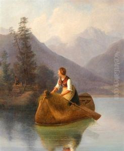 Bergsee Mit Boot Und Junger Sennerin, Im Hintergrund Ihr Winkender Geliebter by August Anton Tischbein