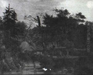 Et Bjerglandskab Bevokset Med Traer Ved En Stille Flod by Carl Wilhelm (Ludwig) Tischbein
