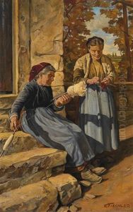 Zwei Frauen Beim Spinnen Und Stricken Vor Steinerner Haustreppe Mit Landschaftsdurchblick by Friedrich Tischler