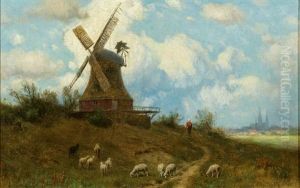 Weite Nordische Landschaft Mit Windmuhle, Im Hintergrund Stadtarchitektur Mit Einem Gotischen Dom