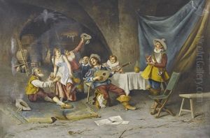 Ausgelassene Gesellschaft Mit Musikanten In Kellergewolbe