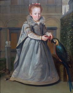 A Full-length Portrait Of Lucrezia, The Daughter Of Niccolo Di Sinibaldo Gaddi, Standing In The Garden Of The Palazzo Gaddi With A Macaw And A Jerboa by Santi Di Tito