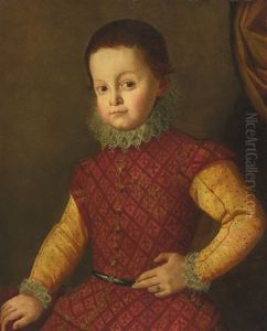 Portrait Of A Young Boy, Half Length, Wearing A Red Doublet With Yellow Sleeves Portrait Of A Young Boy, Half Length, Wearing A Red Doublet With Yellow Sleeves