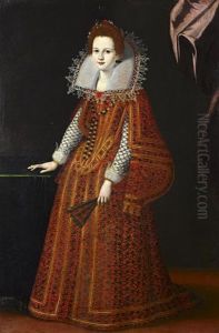 Portrait Of A Young Lady In An Embroidered Red Dress And A White Lace Collar, Standing Before A Purple Curtain Holding A Fan