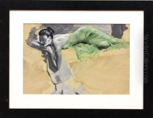 Woman In Green Negligee Reading A Newspaper