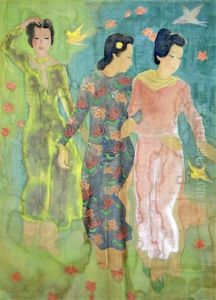 Trois Jeunes Femmes En Ao Dai Et Trois Oiseaux by To Ngoc Van
