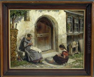 Die Vorleserin - Madchen Bei Der Naharbeit Lauscht Einem Anderen Madchen Beim Vorlesen Am Einem Sonnigen Tag Vor Dem Haus by Victor Tobler