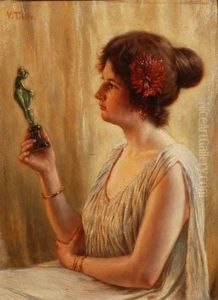 Junge Frau, Eine Bronzestatuette Betrachtend