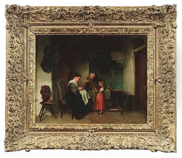 Bauerliches Stubeninterieur Mit Einer Mutter Und Ihren Kindern - view 1