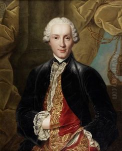 Portrait Of A Gentleman, Half-length, In A Blue Velvet Coat And Red Embroidered Waistcoat