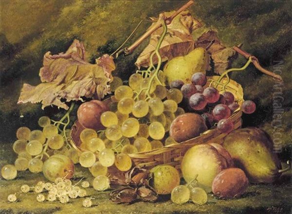 Grapes, Plums, White Currants And A Peach, With A Basket - view 1