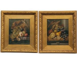 Still Life Studies Of Grapes, Lemon, Orange, Pears, White Currants Etc On Marble Slabs (a Pair)