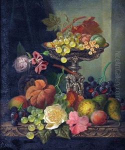 Still Life Of Mixed Fruit On A Wooden Ledge (study) by Henry George Todd
