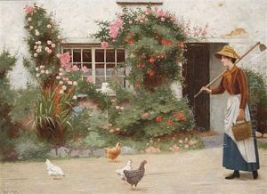 Summer Idyll - A Gardener And Chickens Outside A Cottage by Ralph Todd