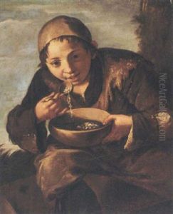 A Seated Young Boy Eating Soup