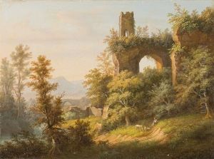 Landschaft Mit Hirte Und Tieren - Im Hintergrund Burgruine by Karl Friedrich Toeche