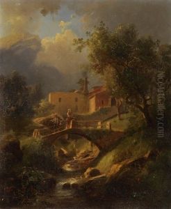 Gebirgslandschaft Mit Bauernpaar Beim Passieren Einer Brucke by Karl Friedrich Toeche