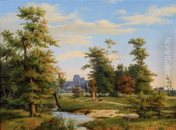 Wanderer In Einer Auenlandschaft Mit Burg - view 1