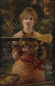 Portrait Of A Lady Holding A Fan By A Garden Fence