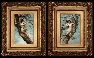 Figures Frolicking In Trees With Spring Blossoms (+ Another; 2 Works) by Virgilio Tojetti