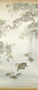 Untitled (nine Kusagame (chinese Pond Turtles) Swimming Beneath Large Overhanging Branches Of Flowering White Wisteria) by Oide Toko