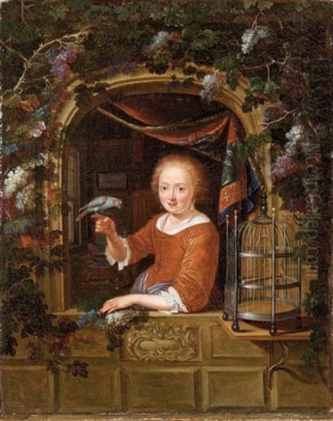 Jeune Fille A La Fenetre, Tenant Un Perroquet - view 1