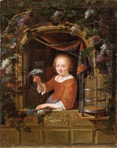 Jeune Fille A La Fenetre, Tenant Un Perroquet by Dominicus van Tol