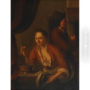 Lady Holding A Herring While A Visitor Savors The Toast