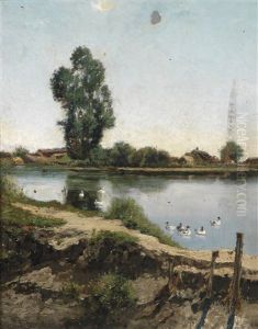 Flusslandschaft Mit Enten by Arthur (Artur) Toelgyessy